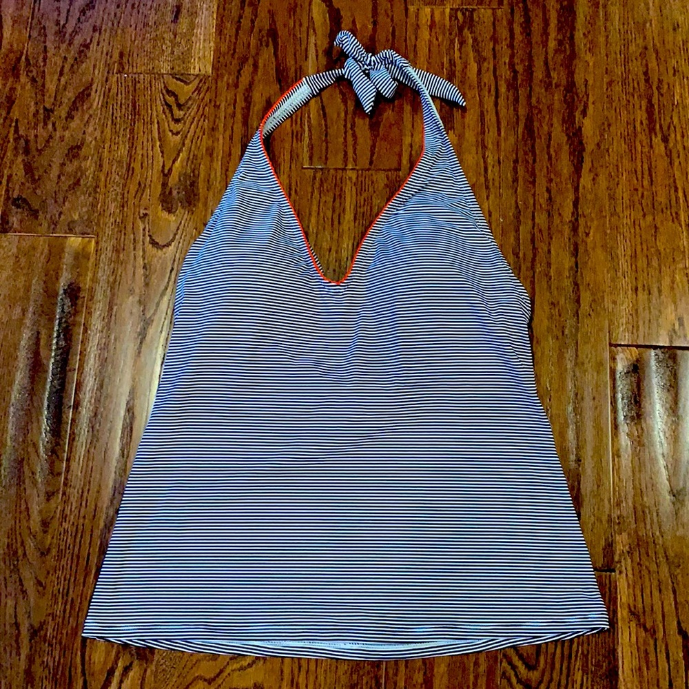 Ann Cole Tankini bathing suit top - Size medium - Navy whit striped orange trim